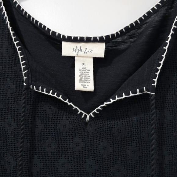 ✨️4/$20. Black White Bohemian Flowy Bell Sleeve Blouse, Embroidered Whipstitch - Picture 8 of 14